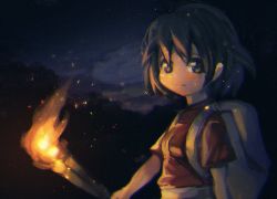 Rule 34 | 10s, 1girl, backpack, bag, black eyes, black hair, blush, breasts, chromatic aberration, closed mouth, cloud, embers, eyebrows, facing away, female focus, fire, hair between eyes, holding, kaban (kemono friends), kemono friends, light smile, looking at viewer, narita imomushi, night, night sky, no headwear, outdoors, red shirt, shirt, short hair, short sleeves, sky, small breasts, smile, solo, standing, t-shirt, tareme, torch, upper body