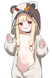 1girl absurdres blonde_hair blush choker highres hood loli long_hair long_sleeves looking_at_viewer navel original pointy_ears puffy_long_sleeves puffy_sleeves red_eyes simple_background solo white_background zing_(z_z_zing)