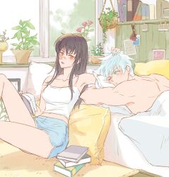 1boy 1girl armpits bare_shoulders basket bed bedroom blanket blue_eyes blue_shorts book bookshelf brown_hair collarbone couple eeeng_l facial_mark flower flower_basket flower_pot gojou_satoru hair_between_eyes hand_on_another&#039;s_head head_on_pillow highres holding holding_book hugging_object iori_utahime jujutsu_kaisen long_hair looking_at_another looking_to_the_side mattress mature_female mature_male messy_hair midriff midriff_peek muscular muscular_male navel note one_eye_closed open_book open_mouth orange_eyes photo_(object) pillow pink_flower plant potted_plant scar scar_on_face short_hair shorts sidelocks sitting sticky_note striped_clothes striped_shorts tank_top thighs topless_male under_covers white_blanket white_hair white_pillow white_stripes white_tank_top yellow_pillow