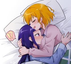!? 2girls asahina_mirai blue_shirt blush closed_eyes commentary_request cuddling gyaheung hand_on_another&#039;s_head izayoi_liko long_hair long_sleeves lying mahou_girls_precure! mahou_girls_precure!!_mirai_days multiple_girls on_bed on_side open_mouth orange_hair pajamas pillow pink_shirt precure purple_eyes purple_hair shirt short_hair spoken_interrobang sweatdrop under_covers yuri