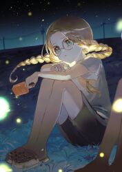 1girl 1other arm_on_knee black_shorts blonde_hair braid crocs fireflies food green_eyes highres holding holding_food holding_popsicle maebashi_witches mitsumata_choco nemari_(user_wtca7244) night on_grass popsicle round_eyewear shirt shorts sitting star_(sky) twin_braids twintails white_shirt