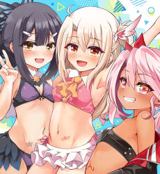 Rule 34 | 3girls, ascot, bare shoulders, bikini, black hair, black jacket, blush, breasts, brown eyes, butterfly hair ornament, chloe von einzbern, dark-skinned female, dark skin, fate/kaleid liner prisma illya, fate (series), feather hair ornament, feathers, grin, hair ornament, hairclip, highres, illyasviel von einzbern, jacket, long hair, long sleeves, looking at viewer, miyu edelfelt, mochi (k620803n), multicolored jacket, multiple girls, navel, off shoulder, open mouth, orange eyes, pink bikini, pink hair, ponytail, purple bikini, red eyes, red jacket, sidelocks, small breasts, smile, stomach tattoo, swimsuit, tattoo, two-tone jacket, white hair