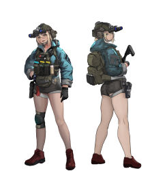 1girl absurdres ammunition_pouch assault_rifle backpack bag bare_legs belt belt_pouch black_gloves blonde_hair blue_jacket boots breasts brown_boots brown_helmet bulletproof_vest chin_strap chinese_commentary closed_mouth combat_helmet commentary_request fast_helmet from_behind g&amp;k-cmdr gloves glowstick green_eyes gun hand_on_own_hip handgun headset helmet highres holding holding_gun holding_weapon holster hood hood_down hooded_jacket jacket knee_pads knife knife_sheath load_bearing_vest looking_back m1911 magazine_(weapon) medium_breasts military_operator multiple_views night_vision_device original police_badge pouch rifle sheath short_hair short_shorts shorts sidelocks simple_background single_knee_pad smoke_grenade tactical_clothes thigh_strap unit_patch walkie-talkie weapon white_background