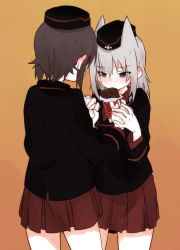 Rule 34 | 10s, absurdres, animal ears, bite mark, black hat, black jacket, blue eyes, blush, brown hair, chocolate, cowboy shot, dress shirt, ear blush, eating, food, fud, garrison cap, girls und panzer, hat, highres, holding, holding food, holding hands, itsumi erika, jacket, kemonomimi mode, kuromorimine military uniform, long hair, long sleeves, looking at another, military, military hat, military uniform, miniskirt, nishizumi maho, orange background, pleated skirt, red shirt, red skirt, shirt, short hair, silver hair, skirt, standing, wolf ears, yuri