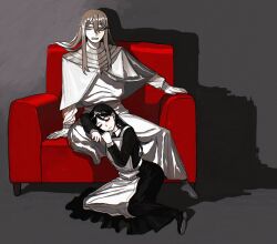 1boy 1girl apron arkos_(centuria) armchair black_hair black_shoes bracer brown_hair capelet centuria_(manga) chair closed_eyes commentary easy_chair gorget grey_eyes hair_between_eyes highres jitome kuramori_tohru lap_pillow long_bangs long_hair looking_to_the_side maid maid_apron official_art reclining resting robe shadow sharp_teeth shoes teeth white_capelet white_robe zira_(centuria)