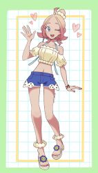 1girl blue_eyes collarbone cosplay denim denim_shorts full_body gradient_hair heart highres midriff multicolored_hair nail_polish navel nintendo one_eye_closed pokemon pokemon_legends:_z-a pokemon_masters_ex primal_lazuli red_nails sandals shorts skyla_(pokemon) skyla_(pokemon)_(cosplay) skyla_(summer_2025)_(pokemon) solo taunie_(pokemon) toenail_polish toenails