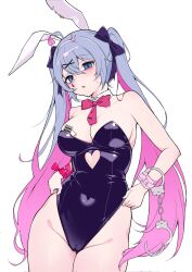 1girl ahoge animal_ears black_bow black_leotard blue_eyes blue_hair blush bow bowtie breasts cameltoe clothing_cutout covered_erect_nipples covered_navel cowboy_shot cuffs detached_collar fake_animal_ears hair_bow hair_ornament handcuffs hatsune_miku heart_cutout highres leotard long_hair looking_at_viewer mauichi open_mouth pink_bow pink_bowtie pink_hair playboy_bunny rabbit_ears rabbit_hole_(vocaloid) simple_background solo strapless strapless_leotard twintails very_long_hair vocaloid white_background x_hair_ornament