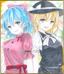 Rule 34 | 2girls, :3, :d, black hat, black skirt, black vest, blonde hair, blue eyes, blue hair, bow, buttons, closed mouth, collared vest, dress, eyelashes, hajike akira, hat, hat bow, mai (touhou), multiple girls, neck ribbon, open mouth, pink bow, pink dress, puffy short sleeves, puffy sleeves, red ribbon, red sash, ribbon, sash, short hair, short sleeves, skirt, smile, smirk, touhou, touhou (pc-98), traditional media, upper body, vest, white bow, white ribbon, yellow eyes, yuki (touhou)