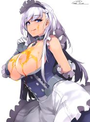 1girl :q apron arm_behind_back azur_lane bare_shoulders belfast_(azur_lane) blue_dress blue_eyes blush braid breasts breasts_out buttons chain clothes_pull collar collarbone commentary_request corset dated dress dress_pull french_braid frilled_apron frilled_gloves frills gauntlets gloves honey index_finger_raised large_breasts leaning_forward long_hair looking_at_viewer maid maid_apron maid_headdress mitsuba_minoru nipples signature simple_background smile solo swept_bangs tongue tongue_out underbust white_apron white_background white_gloves white_hair