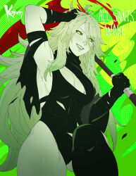 1girl arm_up artist_name bandaged_arm bandages barbariccia black_leotard breasts cleavage_cutout clothing_cutout colored_sclera english_text final_fantasy final_fantasy_xiv green_hair green_lips green_sclera halloween halo highres holding holding_scythe koyorin large_breasts leotard long_hair looking_at_viewer scythe solo very_long_hair yellow_eyes