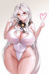 1girl bare_shoulders black-framed_eyewear breasts cleavage closed_mouth covered_erect_nipples glass grey_background heart heart-shaped_pupils highleg highleg_leotard labiata_(last_origin) large_breasts last_origin leotard light_smile long_hair orange_eyes prototype_labiata solo standing symbol-shaped_pupils thighs very_long_hair white_hair white_leotard wide_hips wookyung