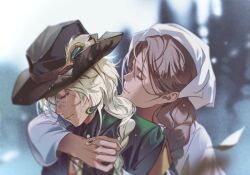 Rule 34 | 2girls, argus (reverse:1999), arm around neck, behind another, black hat, blonde hair, blurry, blurry background, brokeback mountain, brown hair, cape, closed eyes, cowboy hat, dress, green cape, hat, headscarf, kayla (reverse:1999), long braid, long hair, luojia ying, multiple girls, parody, profile, reverse:1999, upper body, white dress, white headscarf, yuri