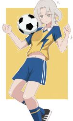 1girl akasode_matsuri_(inazuma_eleven) ball black_shoes blue_shirt blue_shorts blue_socks collar enukee grey_eyes grey_hair hands_up inazuma_eleven_(series) inazuma_eleven_victory_road medium_hair midriff navel parted_lips shirt shoes shorts soccer_ball socks solo teeth two-tone_shirt white_collar yellow_shirt
