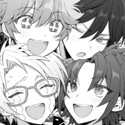 +_+ 4boys akehoshi_subaru close-up closed_mouth crying ensemble_stars! glasses greyscale hair_between_eyes hatching_(texture) hidaka_hokuto isara_mao linear_hatching looking_at_another looking_up maki_keigo male_focus monochrome multiple_boys one_eye_closed open_mouth short_hair smile streaming_tears sweat sweatdrop tears upper_body yuuki_makoto_(ensemble_stars!)