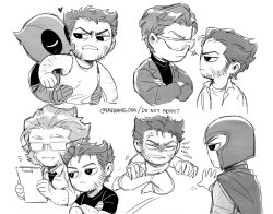 6+boys anger_vein arm_hair beard beast_(x-men) blush bodysuit chibi claw_(weapon) clenched_teeth crossed_arms cyclops_(x-men) deadpool deadpool_&amp;_wolverine deadpool_(series) dreaming_oor facial_hair glasses heart highres long_sleeves looking_at_another magneto male_focus marvel marvel_cinematic_universe mask monochrome multiple_boys multiple_persona puckered_lips shirt short_hair short_sleeves tank_top teeth weapon wolverine_(x-men) x-men x-men:_days_of_future_past x-men_film_series yaoi