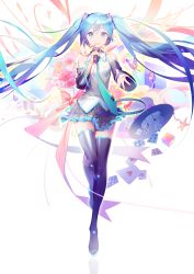 1girl :d absurdres aqua_eyes aqua_hair aqua_necktie black_boots black_thighhighs boots bouquet bug butterfly cake card club_(shape) detached_sleeves diamond_(shape) female_focus flower food frilled_shirt frills full_body hair_ornament hat hatsune_miku headset heart highres holding holding_microphone insect long_hair looking_at_viewer md5_mismatch microphone necktie open_mouth outstretched_arm playing_card pleated_skirt resolution_mismatch round_teeth shirt skirt smile solo source_smaller spade_(shape) standing standing_on_one_leg star_(symbol) teeth thigh_boots thighhighs top_hat twintails very_long_hair vocaloid wing_collar yyb