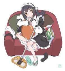 1girl :t akari_(raigou) black_hair chair chicken_(food) chicken_leg chips_(food) cushion eating food food_on_face hair_ornament hairclip highres holding holding_food long_sleeves maid maid_headdress mop original plush_food potato_chips raigou sandals simple_background socks soda_bottle solo thick_eyebrows unworn_sandals unworn_socks white_background yellow_eyes