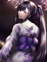 1girl blush breasts fate/grand_order fate_(series) fireworks highres japanese_clothes kimono large_breasts long_bangs long_hair looking_at_viewer murasaki_shikibu_(fate) night obi ponytail purple_eyes purple_hair sash smile tgxx3300