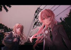 Rule 34 | 2girls, :o, absurdres, bag, bang dream!, bang dream! it&#039;s mygo!!!!!, blazer, blue eyes, blue serafuku, blue shirt, blue skirt, brown bag, brown hair, chihaya anon, collarbone, collared shirt, commentary request, dress shirt, floating hair, green necktie, grey eyes, grey jacket, grey neckerchief, hair between eyes, haneoka school uniform, highres, jacket, letterboxed, long hair, long sleeves, looking at viewer, multiple girls, muonrei00, nagasaki soyo, neckerchief, necktie, open mouth, outside border, parted lips, pink hair, pleated skirt, power lines, sailor collar, school bag, school uniform, serafuku, shirt, shoulder bag, sidelocks, skirt, transmission tower, tree, tsukinomori school uniform, white sailor collar, white shirt