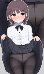 1girl absurdres belt belt_buckle black_bow black_skirt blue_eyes blush bow bow_panties brown_belt brown_hair brown_pantyhose buckle closed_mouth clothes_lift collared_shirt commentary_request commission dress_shirt girls_band_cry gluteal_fold highres iseri_nina lifting_own_clothes long_sleeves looking_to_the_side low_twintails michou panties panties_under_pantyhose pantyhose pixiv_commission pleated_skirt shirt short_twintails skirt skirt_lift solo standing thigh_gap thighband_pantyhose twintails underwear wavy_mouth white_panties white_shirt zoom_layer