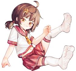 1girl breasts brown_hair chaosexceed cropped_shirt full_body grin hair_ornament highres looking_at_viewer medium_hair midriff miniskirt navel neckerchief no_shoes orange_eyes original parted_lips pleated_skirt red_sailor_collar red_skirt sailor_collar sailor_shirt school_uniform serafuku shirt short_sleeves simple_background sitting skirt small_breasts smile soles solo star_(symbol) star_hair_ornament teeth thighhighs toes twintails white_background white_shirt white_thighhighs yellow_neckerchief