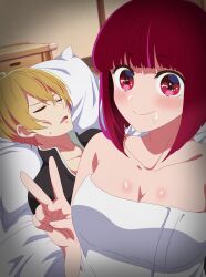 1boy 1girl absurdres aftersex alternate_breast_size arima_kana artist_name blonde_hair blunt_bangs blush bob_cut breasts cleavage closed_eyes closed_mouth collarbone commentary_request crossed_bangs cum cum_on_body emaciated eufoniuz exhausted eyelashes eyes_visible_through_hair facial guy_tired_after_sex_(meme) hair_between_eyes head_on_pillow hetero highres hoshino_aquamarine implied_after_fellatio indoors large_breasts looking_at_viewer lying medium_hair meme naked_towel on_back on_bed open_mouth oshi_no_ko patreon_username pillow red_eyes red_hair revision selfie shiny_skin short_hair smile split_mouth straight_hair stray_pubic_hair sunken_cheeks sweatdrop towel unconscious v wide-eyed