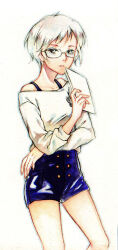 1girl artist_collaboration bare_shoulders blue_shorts brooch ccantiny commentary english_commentary glasses holding holding_paper jewelry kyokugen_dasshutsu long_sleeves mismatched_eyebrows paper phi_(kyokugen_dasshutsu) ryan_(stepde14) shirt short_hair shorts simple_background solo very_short_hair white_background white_hair white_shirt zero_escape:_toki_no_dilemma