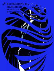 Rule 34 | 1other, arms behind back, blue background, blue eyes, formal clothes, gem uniform (houseki no kuni), highres, houseki no kuni, lapis lazuli (houseki no kuni), long hair, looking at viewer, mt5 014, one eye covered, other focus, short shorts, shorts, smile, solo, straight hair, suit, very long hair, watermark