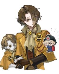 Rule 34 | 3boys, :/, :d, android, arm hug, ascot, bandage over one eye, black helmet, black jacket, blonde hair, blue jacket, blush stickers, brooch, brown gloves, brown hair, brown shirt, brown vest, capelet, chibi, closed mouth, coat, cropped torso, curtained hair, fire helmet, firefighter jacket, florian brand, frown, gloves, hair over one eye, half mask, helmet, highres, identity v, jacket, jewelry, long sleeves, looking at another, looking to the side, louis (identity v), male focus, mask, matthias czernin, mini person, miniboy, multiple boys, nt72 3kan, open mouth, outline, shirt, short hair, size difference, smile, sweatdrop, swept bangs, tuxedo shirt, vest, wavy hair, white outline, yellow ascot, yellow capelet, yellow coat, yellow eyes