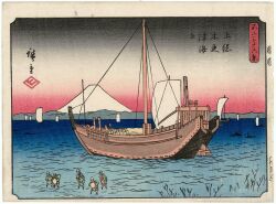 19th_century 2girls 6+boys ando_hiroshige boat fine_art_parody gradient_sky hat highres japan japanese_clothes kimono landscape mount_fuji mountain mountainous_horizon multiple_boys multiple_girls nihonga ocean original outdoors parody red_sky reeds sail scenery sky thirty-six_views_of_mount_fuji_(hiroshige) traditional_media translation_request ukiyo-e volcano wading water watercraft white_hat