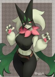 1girl argyle_background belt black_mask black_pants black_shirt breasts brown_belt claws clothed_pokemon crop_top furry furry_female green_fur grey_background highres large_breasts looking_at_viewer looking_to_the_side mask meowscarada midriff navel nintendo pamaht9 pants pink_eyes pokemon pokemon_(creature) shirt sleeveless sleeveless_shirt solo