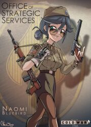 1girl absurdres belt blue_eyes brown_belt brown_shirt commentary english_commentary english_text garrison_cap gloves green_skirt grey_hair gun gun_sling handgun hat highres m1_carbine military necktie nico_jiang pantyhose shirt signature skirt spade_(shape) sunglasses we_love_cold_war weapon white_gloves world_war_ii