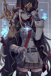 1girl absurdres ammunition_pouch aqua_eyes arknights belt blazer blonde_hair boots breasts brown_shirt coat collared_shirt dark gloves hat highres imazawa jacket long_hair military_uniform necktie pleated_skirt pointy_ears pouch reed_(arknights) shako_cap shirt skindentation skirt small_breasts smile solo standing sword thigh_boots thighhighs very_long_hair weapon white_gloves white_necktie zettai_ryouiki