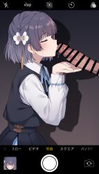 0haribo0 1boy 1girl absurdres bar_censor black_skirt black_vest blue_hair blush censored closed_eyes commentary_request erection flower from_side gakuen_idolmaster hair_flower hair_ornament hataya_misuzu hetero highres idolmaster kissing_penis large_penis long_sleeves penis shirt short_hair skirt veins veiny_penis vest viewfinder white_shirt