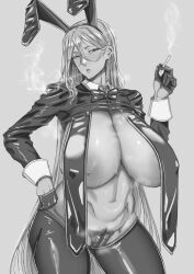 Rule 34 | 1girl, anegawa eiji, areola slip, breast curtains, breasts, c-string, cigarette, highres, huge breasts, inverted nipples, long hair, meme attire, nipple slip, nipples, revealing clothes, reverse bunnysuit, reverse outfit, solo, strapless bottom