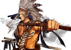 Rule 34 | 1boy, alternate costume, armor, bodypaint, earrings, facepaint, feather headdress, feathers, green hair, headdress, jewelry, katana, looking at viewer, male focus, muscular, native american, one piece, roronoa zoro, sheath, sheathed, solo, sword, weapon