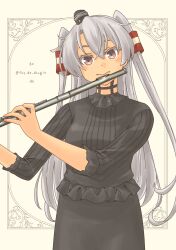 Rule 34 | absurdres, amatsukaze (kancolle), black shirt, black skirt, brown eyes, choker, fang, flute, garter straps, grey hair, hair tubes, highres, instrument, kantai collection, long hair, looking at viewer, official alternate costume, pot-de, shirt, signature, skin fang, skirt, smokestack hair ornament, two side up, very long hair, white hair