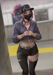 Rule 34 | 1girl, akali, baseball cap, belt, black choker, black mask, blue eyes, choker, cropped jacket, hat, heart, heart choker, high ponytail, highres, hoo bamon, k/da (league of legends), k/da akali, league of legends, mask, mouth mask, official alternate costume, ponytail, purple hair, sex toy, single thighhigh, solo, standing, thighhighs, vibrator, vibrator cord, vibrator in thighhighs, white belt