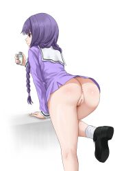 1girl absurdres anus ass ass_focus bare_legs black_footwear boruto:_naruto_next_generations braid cleft_of_venus commentary commission dress english_commentary highres kakei_sumire kneepits long_hair mana_(manasenshou) naruto_(series) no_panties purple_dress purple_hair pussy sailor_collar sailor_dress socks solo twin_braids uncensored white_socks