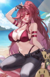 1girl absurdres arm_up azur_lane belt bikini bikini_top_only black_belt black_gloves black_pants blue_sky blush breasts cleavage commentary day fingerless_gloves gloves hair_between_eyes highres kiyoi_(gyhw8444) large_breasts long_hair long_hair_between_eyes looking_at_viewer manjuu_(azur_lane) maryland_(azur_lane) maryland_(red-hot_drummer)_(azur_lane) maryland_(retrofit)_(azur_lane) navel ocean official_alternate_costume open_mouth outdoors pants ponytail red_bikini red_eyes red_hair seiza sitting sky smile stomach swimsuit teeth upper_teeth_only very_long_hair