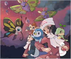 1boy 1girl artist_name bad_id bad_pixiv_id beanie beautifly black_eyes black_hair blue_eyes blue_jacket border chimchar cloud coat colored_sclera creatures_(company) dawn_(pokemon) drifblim drifloon dustox game_freak gen_3_pokemon gen_4_pokemon grey_border hair_ornament hairclip happy hat jacket long_hair long_sleeves looking_up lucas_(pokemon) matching_hair/eyes mothim nintendo on_head on_shoulder open_mouth outdoors outside_border pink_coat piplup poke_ball poke_ball_(basic) poke_ball_symbol poke_ball_theme pokemon pokemon_(creature) pokemon_dppt pokemon_on_head pokemon_on_shoulder pokemon_platinum profile red_hat red_shirt red_sky ririmon scarf shirt short_hair signature sky smile standing starter_pokemon_trio sunset turtwig twitter_username white_hat white_scarf yellow_sclera