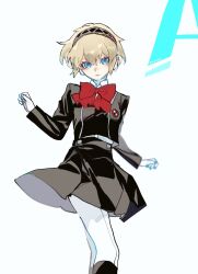 1girl aegyo_sal aigis_(persona) android black_shirt black_skirt blonde_hair blue_eyes bow expressionless feet_out_of_frame full_body gekkoukan_high_school_uniform hairband hands_up highres long_sleeves looking_at_viewer meameeea medium_skirt metal_hairband persona persona_3 pleated_skirt prsnmea red_bow robot_ears robot_girl school_emblem school_uniform shirt short_hair skirt solo standing