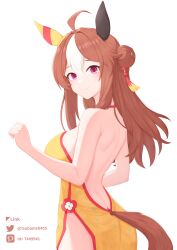 1girl absurdres ahoge animal_ears back bare_shoulders breasts china_dress chinese_clothes closed_mouth clothing_cutout commentary_request copano_rickey_(umamusume) double_bun dress ear_covers ear_ornament hair_between_eyes hair_bun hair_ornament highres horse_ears horse_girl horse_tail long_hair medium_breasts multicolored_hair pelvic_curtain shoulder_blades sideboob simple_background smile solo streaked_hair tail tail_through_clothes tassel tassel_hair_ornament tsubame_tien twitter_username umamusume white_background