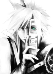 1boy armor cellphone cellphone_photo chest_strap closed_mouth cloud_strife commentary english_commentary final_fantasy final_fantasy_vii final_fantasy_vii_advent_children flip_phone gloves green_eyes heterochromia highres holding holding_phone implied_yaoi pauldrons phone short_hair shoulder_armor single_pauldron sleeveless slit_pupils spiked_hair wadanoki1st