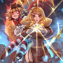 2girls :3 ahoge animal animal_on_head black_dress black_hat blonde_hair blush bow bowtie breasts buttons cat cat_on_head clip_studio_paint_(medium) closed_mouth commentary commission cowboy_shot dress english_commentary full_body garter_straps gloves hat highres juliet_sleeves loli_ruri long_hair long_sleeves looking_at_viewer magic medium_breasts multiple_girls on_crescent on_head priest_(ragnarok_online) puffy_sleeves ragnarok_online red_bow red_bowtie red_eyes red_thighhighs shirt short_hair smile striped_clothes striped_thighhighs thighhighs white_gloves white_shirt white_thighhighs yellow_eyes yunaxd