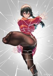 1girl akaza black_hair breasts broken_glass commentary_request crack cracked_glass drawing_tablet dress earrings feet foot_focus foot_out_of_frame foreshortening glass gold_earrings gradient_background grey_background hairband hand_up highres jewelry kicking incoming_kick large_breasts leg_up looking_at_viewer mixed-language_commentary no_shoes off-shoulder_sweater off_shoulder pantyhose red_dress red_sweater shadow shattered short_hair_with_long_locks soles solo spy_x_family sweater sweater_dress thighs through_medium through_screen toes twisted_torso twitter_username yor_briar