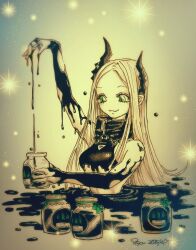 Rule 34 | 1girl, 85cm85cm, :3, bare shoulders, black horns, black liquid, black nails, breasts, forehead, goddess of victory: nikke, green eyes, grey hair, highres, holding, holding jar, horns, jar, leviathan (nikke), liquid clothes, long hair, pointy ears, small breasts, sparkle