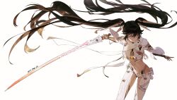 1girl artist_name black_hair cheng_(zi74438982) fighting_stance hair_between_eyes highres holding holding_sword holding_weapon long_hair looking_at_viewer lucia:_pyroath_(pgr) lucia_(pgr) mechanical_arms midriff navel punishing:_gray_raven red_eyes signature simple_background solo sword twintails very_long_hair weapon white_background