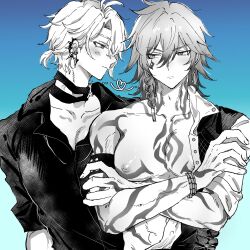2boys black_shirt braid closed_mouth collarbone collared_shirt crossed_arms earclip facial_tattoo greyscale hair_between_eyes heart highres honkai:_star_rail honkai_(series) light_blush looking_at_another looking_to_the_side male_focus medium_hair monochrome multiple_boys muscular mydei_(honkai:_star_rail) nipples open_clothes open_shirt parted_bangs phainon_(fashion)_(honkai:_star_rail) phainon_(honkai:_star_rail) shirt short_hair smile tattoo tyamesi_s_t_r upper_body