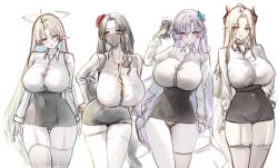 1girl alternate_costume black_choker black_hair black_panties black_skirt blonde_hair blue_eyes blue_flower blue_hair breasts cantarella_(wuthering_waves) choker collared_shirt colored_inner_hair commentary covered_navel cowboy_shot crossover english_commentary epic_seven fleurdelys_(wuthering_waves) flower garter_straps geonjeonji goddess_of_victory:_nikke hair_flower hair_ornament harsetti_(epic_seven) high-waist_skirt highres horns huge_breasts long_hair long_horns looking_at_viewer maiden_(nikke) mask microskirt mouth_mask multicolored_hair panties pointy_ears purple_hair red_eyes red_flower shirt single_horn sketch skirt solo straight_hair thighhighs thighs underwear very_long_hair white_shirt wuthering_waves yellow_eyes yellow_horns